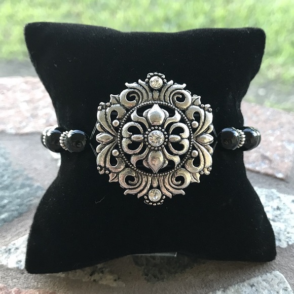 Onyx gothic bracelet . victorian gothic silver cz flower & black onyx gemstones - Picture 2 of 10